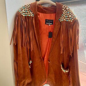 Vintage Brown Suede Fringe Jacket with Turquoise Western Detail